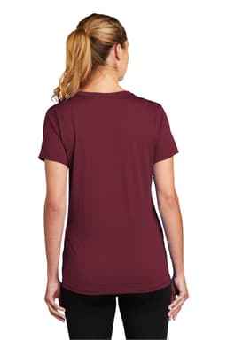 A maroon women's t-shirt with a fitted design, featuring short sleeves and a crew neckline, with a logo present.