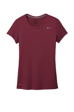 A maroon Nike ladies' t-shirt featuring a logo. It has a classic fit and short sleeves.