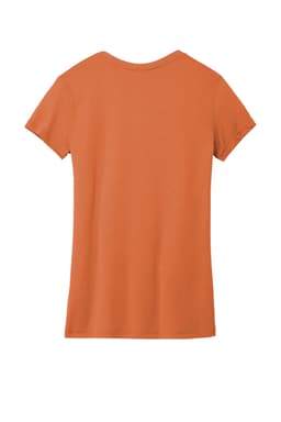 An orange women's T-shirt with a crew neckline and short sleeves. The shirt has a branding logo.