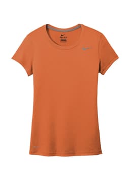 An orange Nike ladies T-shirt with a crew neck and a small logo. It features a fitted design.