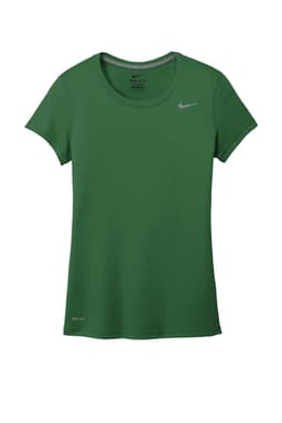 A green Nike ladies T-shirt with a round neck and short sleeves, featuring a logo on the chest.