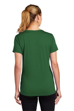 A green ladies' t-shirt with short sleeves, featuring a logo on the back.