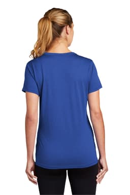A blue women's t-shirt featuring a sleek design and a logo on the back. Suitable for casual wear.