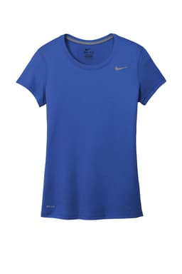 A blue ladies' t-shirt featuring a logo, with a classic crew neckline and short sleeves.