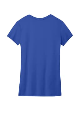 A blue short-sleeved women's T-shirt with a round neck and a logo on the back.