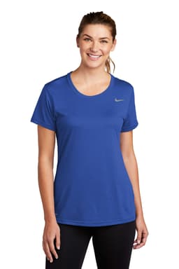 A blue Nike ladies T-shirt with a crew neckline and short sleeves, featuring a logo on the chest.