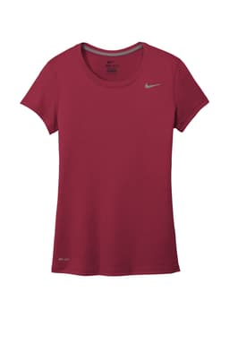 A red Nike ladies' T-shirt with a short sleeve design and a logo on the chest.