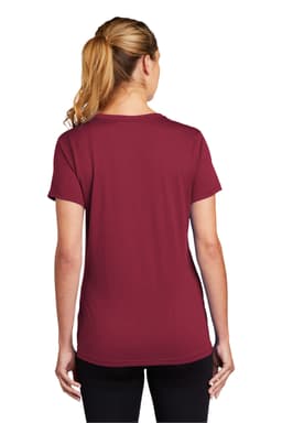 A burgundy ladies' t-shirt featuring a regular fit and short sleeves, with a logo on the back.