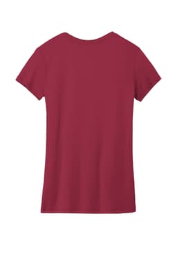 A maroon ladies' t-shirt with a crew neckline and short sleeves, featuring a logo on the back.