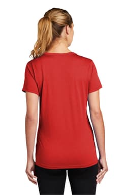 A red women's t-shirt with short sleeves, featuring a logo on the back.
