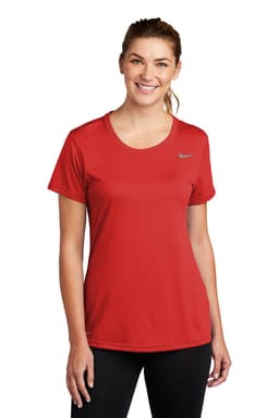 A red Nike ladies' t-shirt with a round neckline and short sleeves. It features a logo on the side.