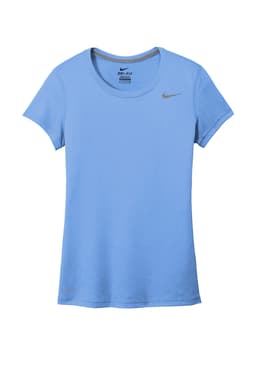 A light blue women's T-shirt with a round neckline and a small logo on the chest.