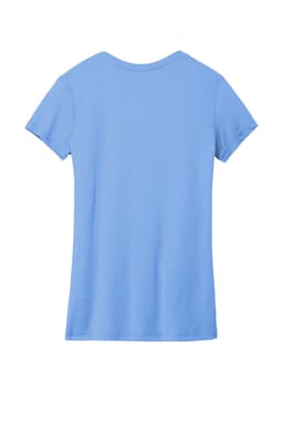 A light blue women's t-shirt with short sleeves and a branded logo on the back.