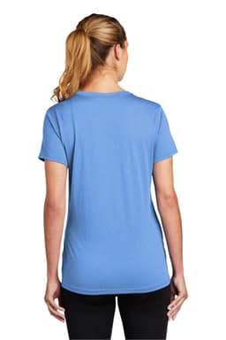 A blue ladies' T-shirt with a short sleeve, featuring a sleek design and a branding logo on the back.