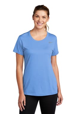 A blue Nike ladies' t-shirt with a round neckline and short sleeves, featuring a logo.