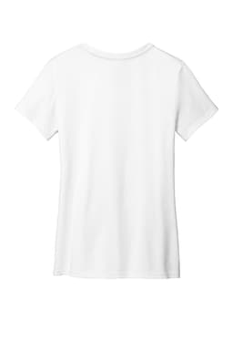 A plain white short-sleeve women's t-shirt with a round neck and a logo on the back.
