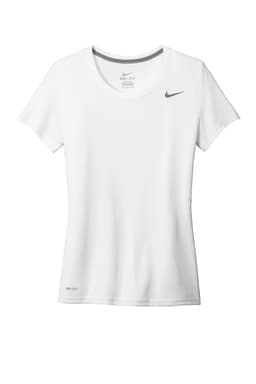 A white Nike ladies' T-shirt featuring a fitted design and a logo on the front.