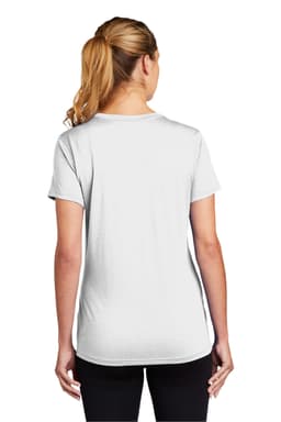 A white women's t-shirt with short sleeves, featuring a logo on the back, styled for casual wear.