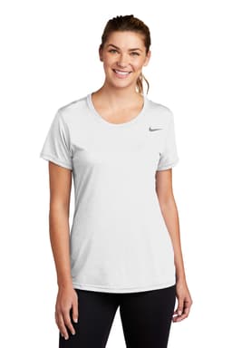 A white women's T-shirt featuring a logo. The shirt has a crew neck and short sleeves.