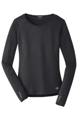 A black long sleeve crew shirt featuring a logo, designed for ladies with a relaxed fit.