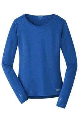 A long sleeve crew shirt in vibrant blue, featuring a fitted style and a logo on the hem.
