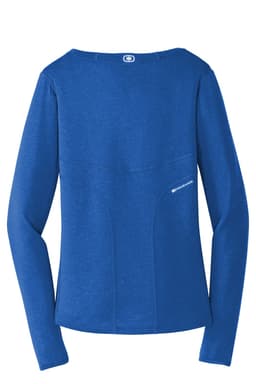 A long sleeve pulse crew shirt in blue, featuring a logo and a stylish, fitted design.