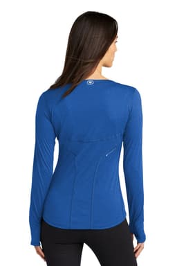 A blue long sleeve crew shirt features a fitted design and includes a logo on the back.