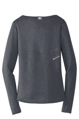 A dark grey long sleeve crew shirt with a fitted design, featuring seam detailing and a small logo.