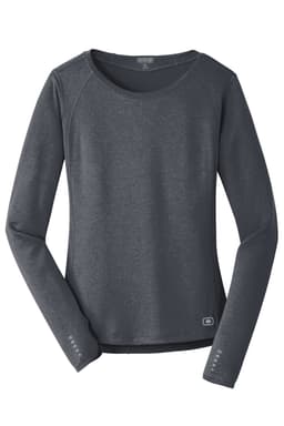 A long sleeve crew shirt in dark grey, featuring a rounded neckline and a logo on the side.