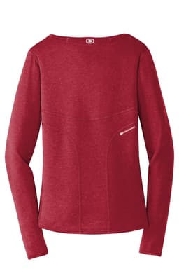 A red long sleeve crew shirt featuring a logo and a stylish design on the back.
