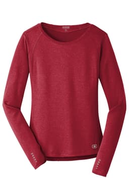 A red long sleeve crew shirt with a rounded neckline and a logo at the hem.
