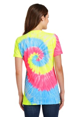 A vibrant women's tie-dye V-neck tee featuring a spiral pattern in yellow, pink, and blue hues. The shirt has a logo.