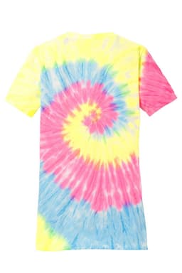 A tie-dye V-neck tee featuring a swirl design in yellow, pink, and blue hues. It includes a logo.