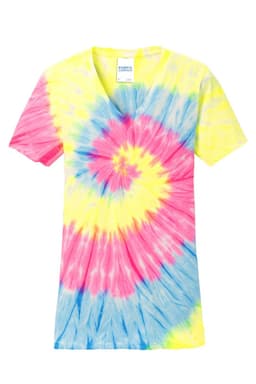 A tie-dye V-neck tee featuring vibrant yellow, pink, and blue spiral patterns, with a branding label on the collar.