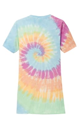 A tie-dye V-neck tee in pastel colours, featuring a spiral design and short sleeves. Includes a logo.