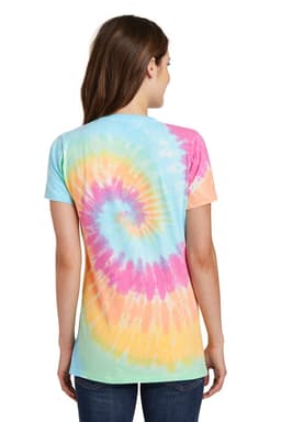 A tie-dye v-neck tee featuring a spiral pattern in pastel shades of pink, blue, orange, and yellow.