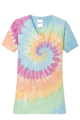 A tie-dye V-neck tee featuring swirls of pastel colours including pink, blue, yellow, and green. It has a branded label.