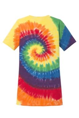 A tie-dye v-neck tee in vibrant colours including yellow, green, blue, red, and orange, featuring a spiral pattern and a logo.