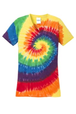 A vibrant tie-dye V-neck tee in yellow, blue, green, red, and purple spirals. The shirt features a logo.