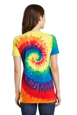 A colourful tie-dye V-neck tee featuring a spiral pattern in yellow, red, blue, green, and purple hues.
