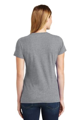 A grey ladies' T-shirt with a fitted design, featuring short sleeves and a logo on the back.