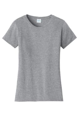 A grey women's t-shirt with a crew neck and short sleeves. The shirt features a logo on the label.
