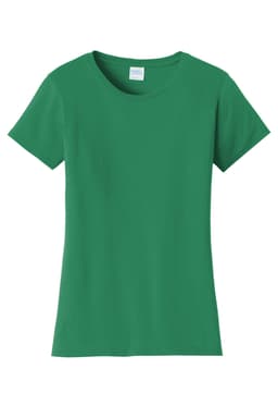 A green women's t-shirt with a classic fit and short sleeves. The shirt features a logo on the label.