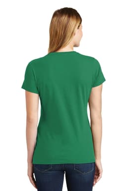 A green short-sleeved women's t-shirt with a fitted design and a logo at the back.