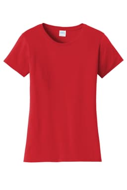 A red ladies t-shirt with a classic cut and short sleeves. It features a logo on the label area.