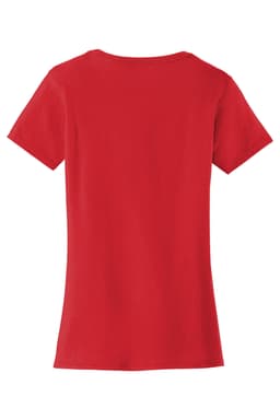 A red ladies' t-shirt with a curved neckline and short sleeves, featuring a logo on the back.