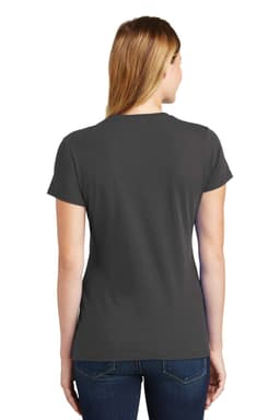 A grey women's t-shirt with short sleeves, displayed from the back. The shirt has a logo.