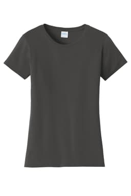 A grey ladies' t-shirt with a classic crew neck and short sleeves. It features a branding logo.