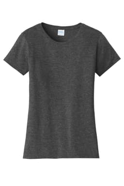 A dark grey women's t-shirt with a round neckline and short sleeves. It has a small logo on the label.