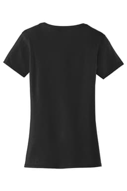 A black ladies' t-shirt with a fitted silhouette and short sleeves, featuring a logo on the back.